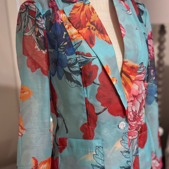 New York and Company Floral Light Turquoise Blue Blazer - Picture 4 of 8